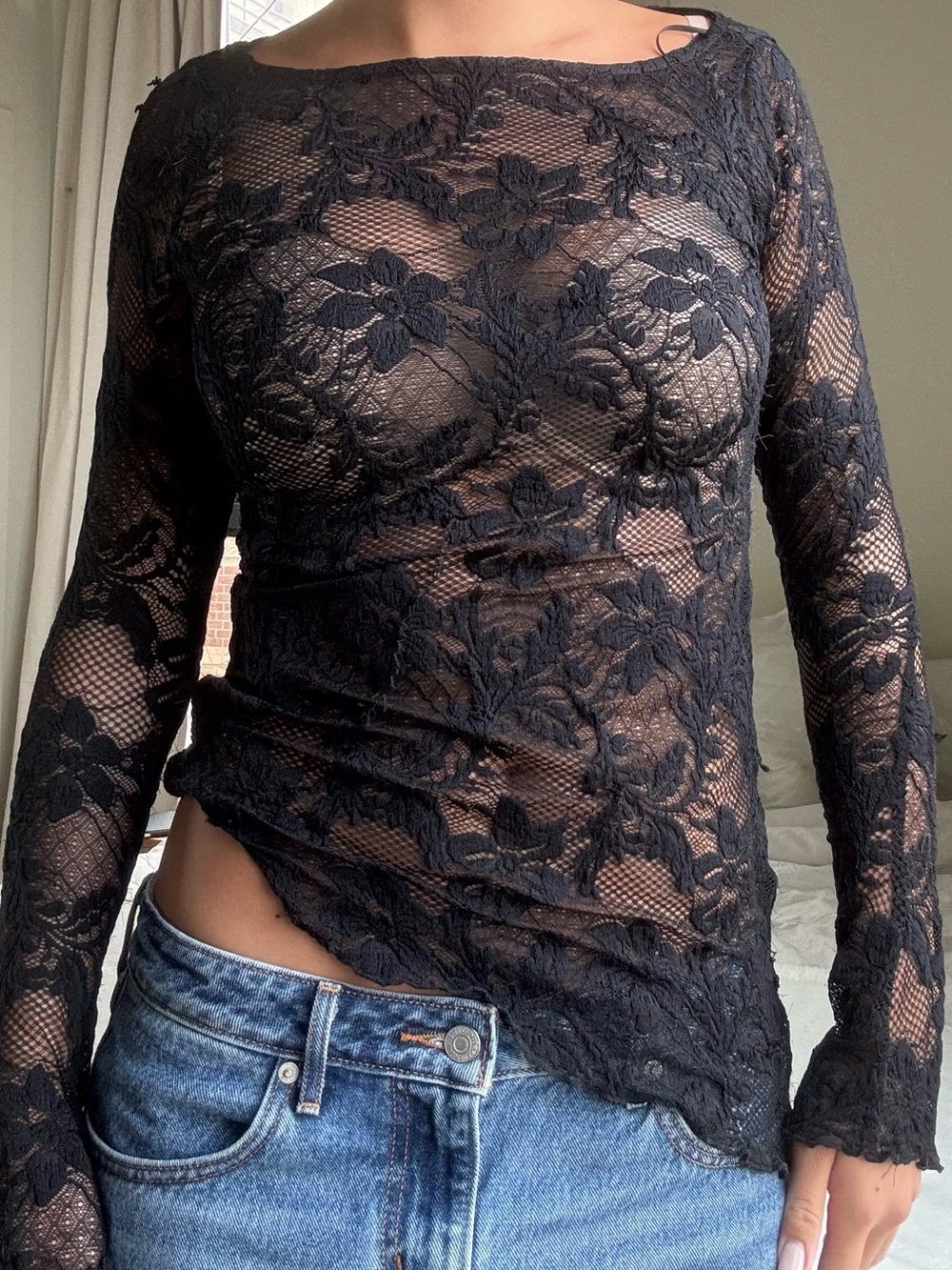 Urban Outfitters Black Lace Long-Sleeve Sheer Top